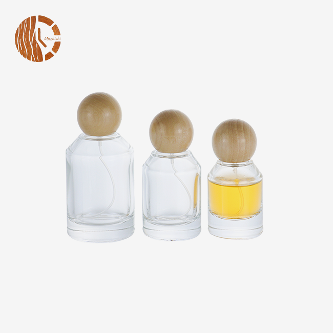 Wood Cap Clear Round Glass Perfume Bottle